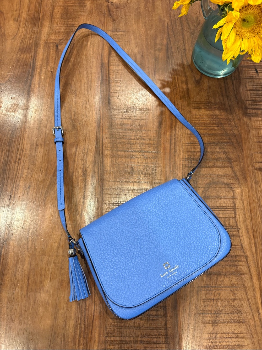 Kate Spade “Tower Court” Periwinkle Blue Leather Crossbody Bag with Tassel - Picture 8 of 8